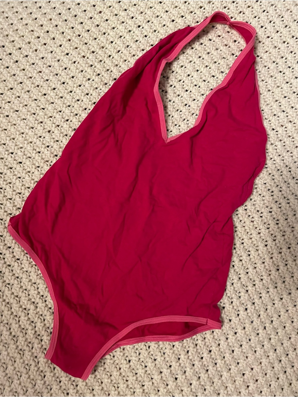 American Apparel dark pink halter style one-piece swimsuit with pink piping